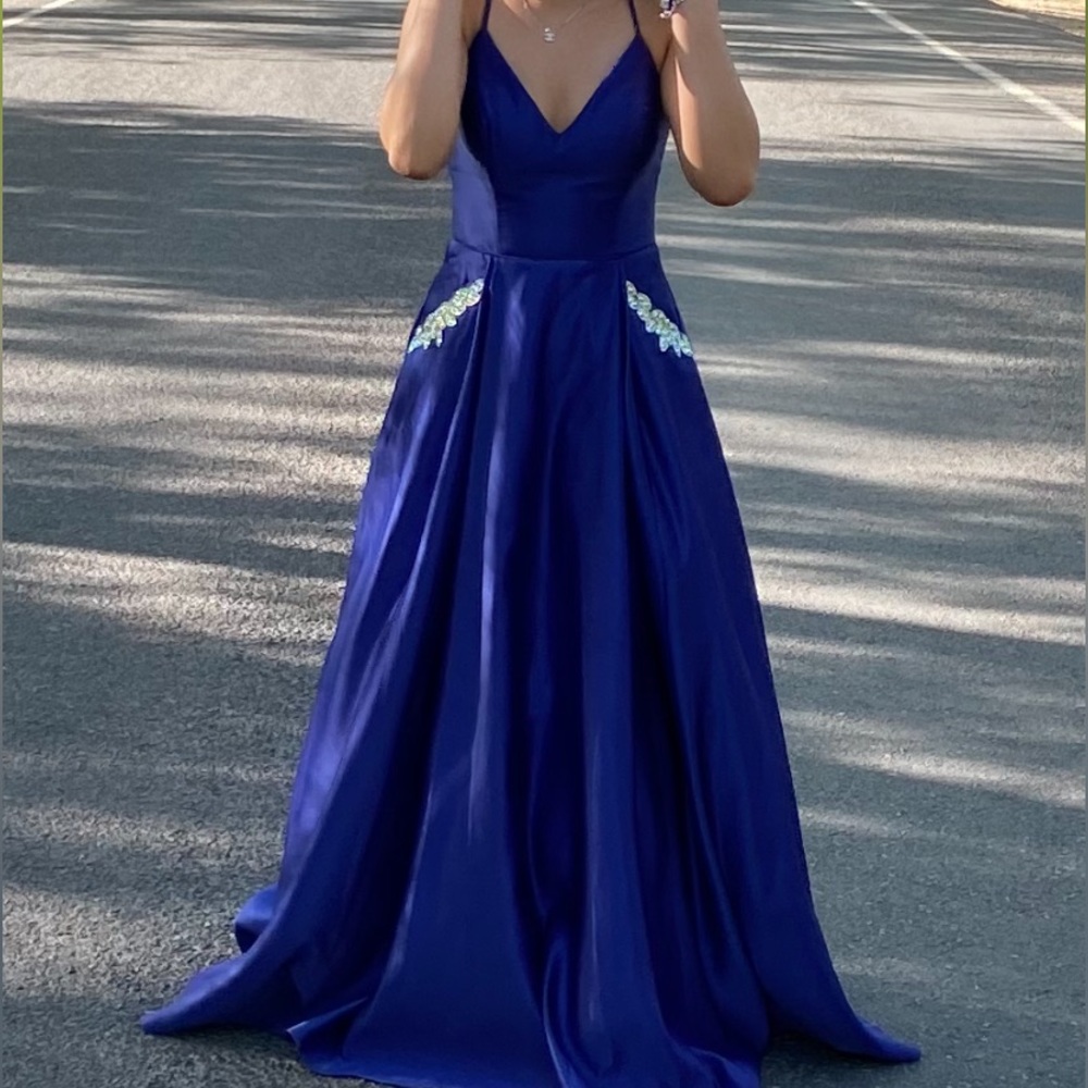 Blondie Nites Dark Blue A Line Satin / SilkGown, Embellished Pockets